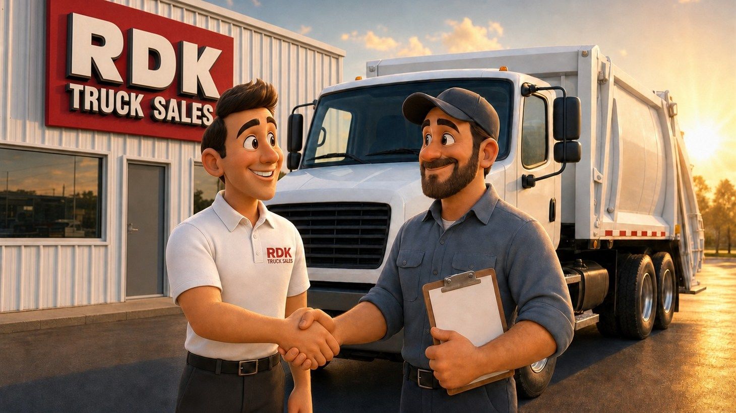 An RDK Truck Sales representative in a white polo with a red RDK logo shaking hands with a fleet manager in front of a white refuse truck at the RDK Truck Sales dealership during warm sunrise light