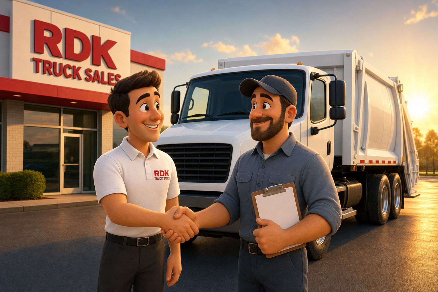 An RDK Truck Sales representative in a white polo with a red RDK logo shaking hands with a fleet manager in front of a white refuse truck at the RDK Truck Sales dealership during warm sunrise light
