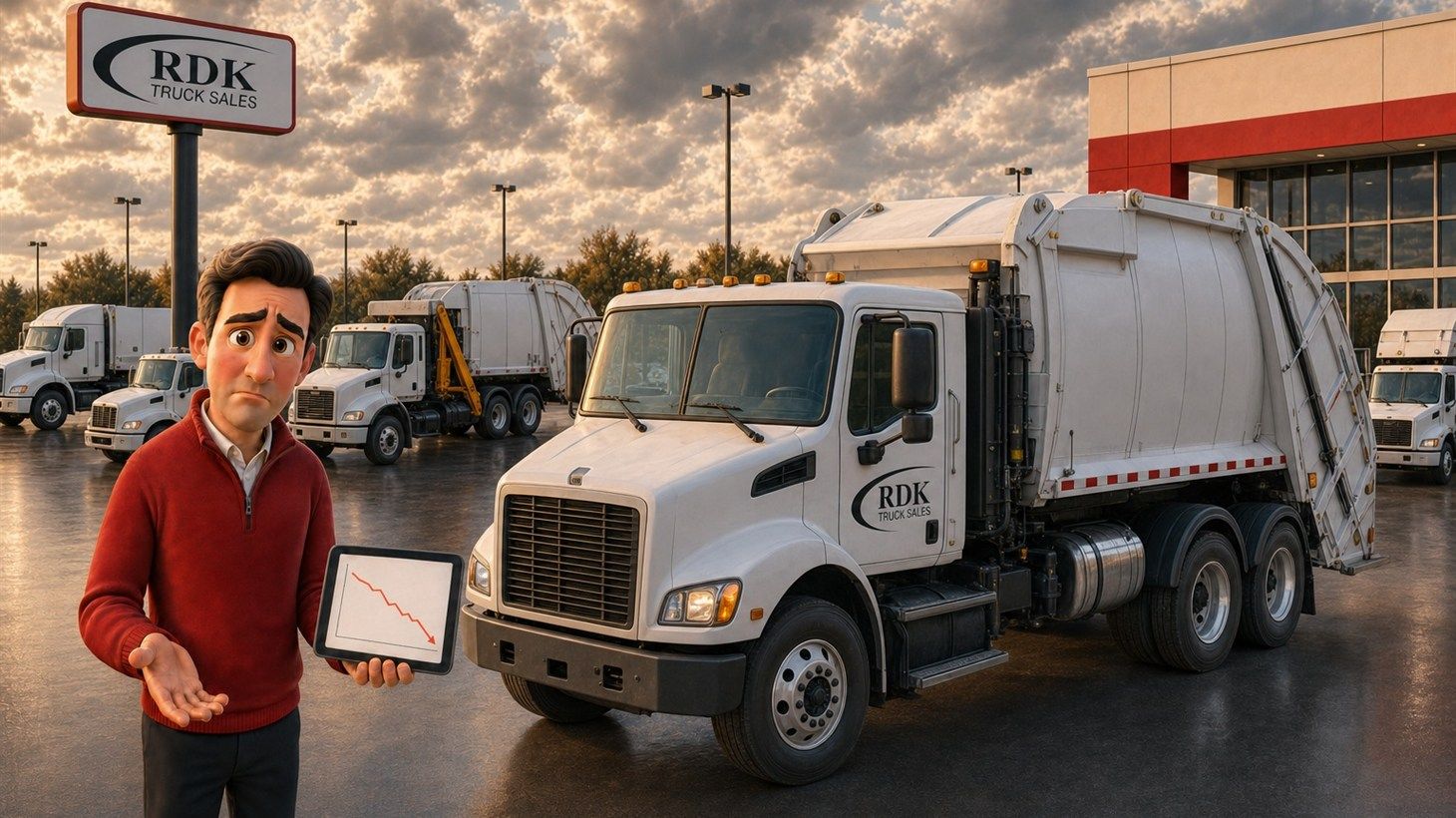 A concerned salesperson in a red sweater holding a tablet showing a downward sales trend line, standing in front of rows of unsold white Class 8 trucks parked at an oversupplied dealership lot