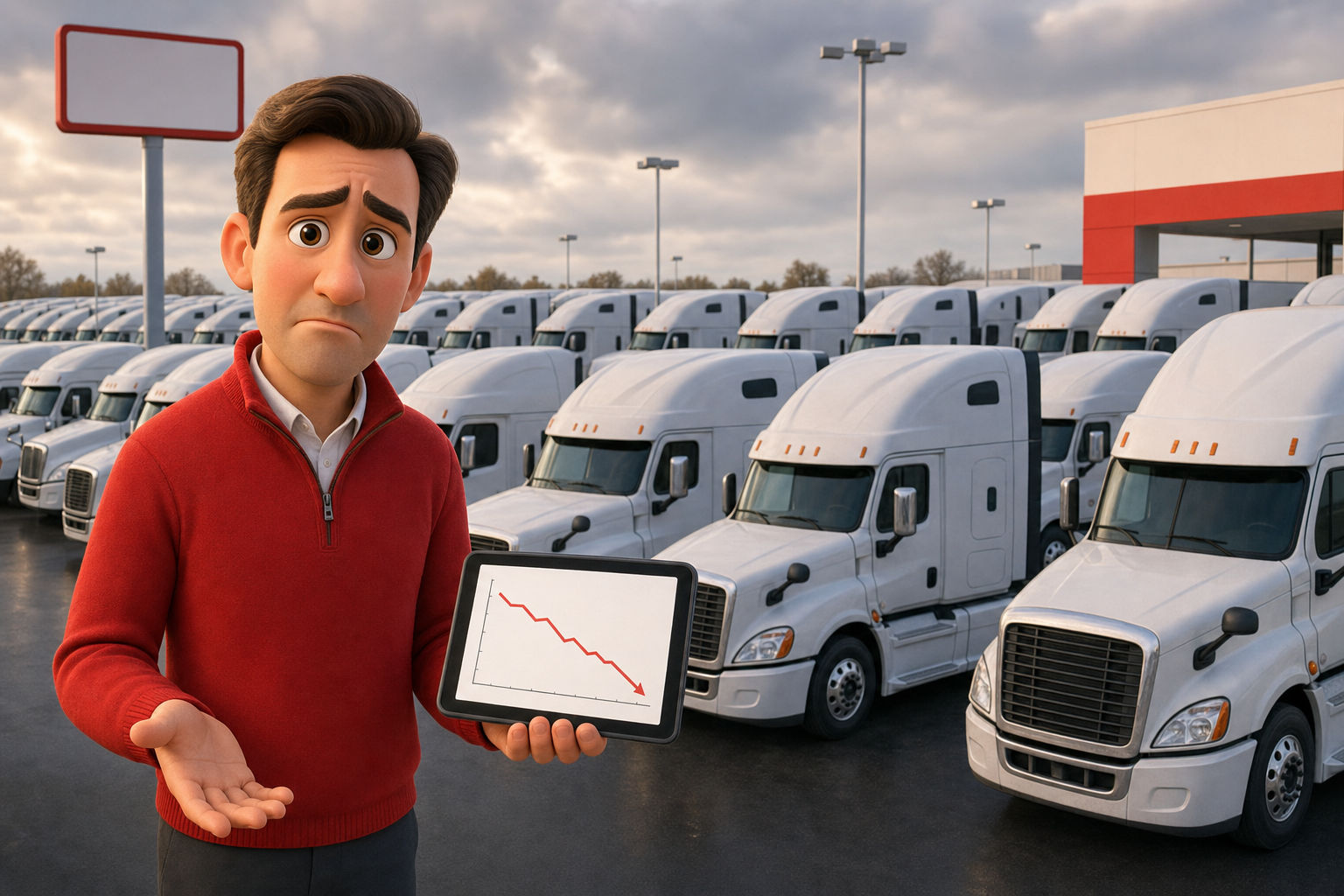 A concerned salesperson in a red sweater holding a tablet showing a downward sales trend line, standing in front of rows of unsold white Class 8 trucks parked at an oversupplied dealership lot