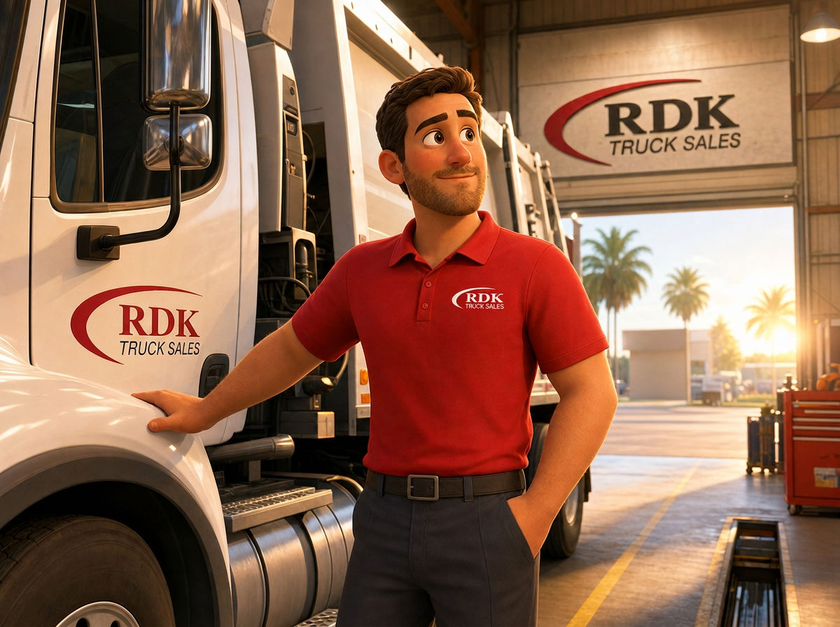 Pixar-style illustration of an RDK Truck Sales team member standing beside a white roll-off truck in the service bay, with the RDK Truck Sales sign above the open bay door and a Tampa sunset outside