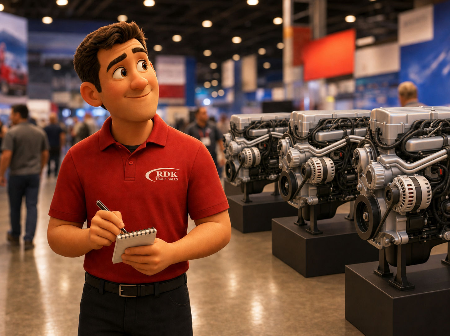 Pixar-style illustration of an RDK Truck Sales team member taking notes on a clipboard in front of a row of 2027-compliant truck engines on display at the Work Truck Week expo in Indianapolis
