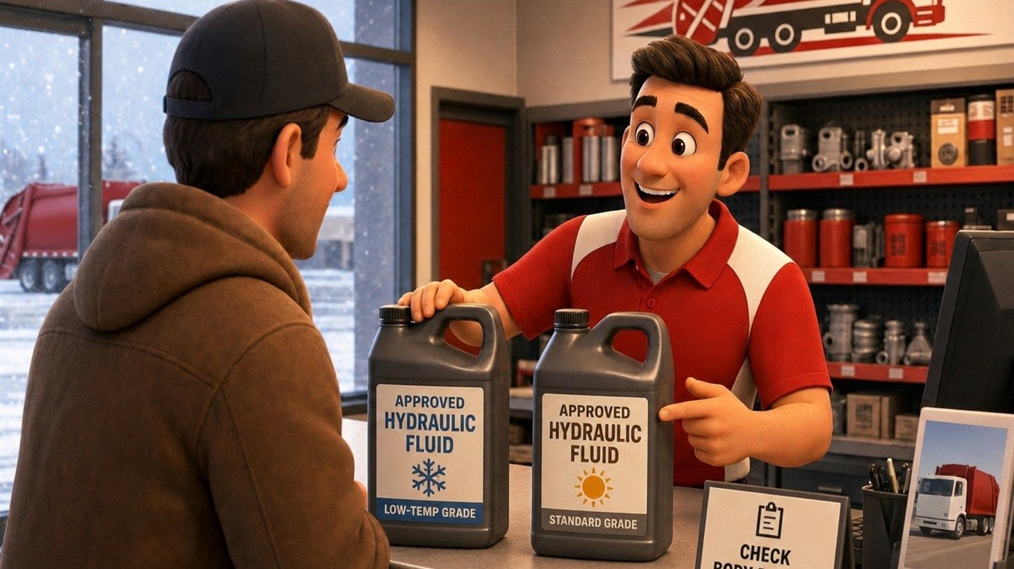 Pixar-style cartoon illustration of an RDK Truck Sales parts associate showing a customer two hydraulic fluid jugs labeled with a snowflake and a sun icon at the parts counter, with snow falling outside the window