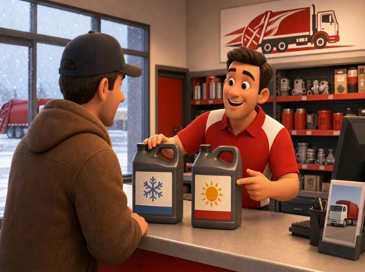 Pixar-style cartoon illustration of an RDK Truck Sales parts associate showing a customer two hydraulic fluid jugs labeled with a snowflake and a sun icon at the parts counter, with snow falling outside the window