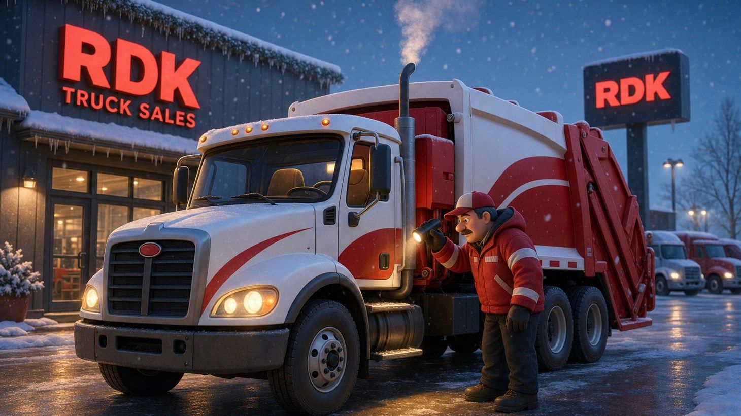 Pixar-style cartoon illustration of an RDK Truck Sales refuse truck parked outside the dealership at snowy dusk, with a technician in a red RDK jacket using a flashlight to inspect the truck while red RDK Truck Sales signage glows on the building and sign