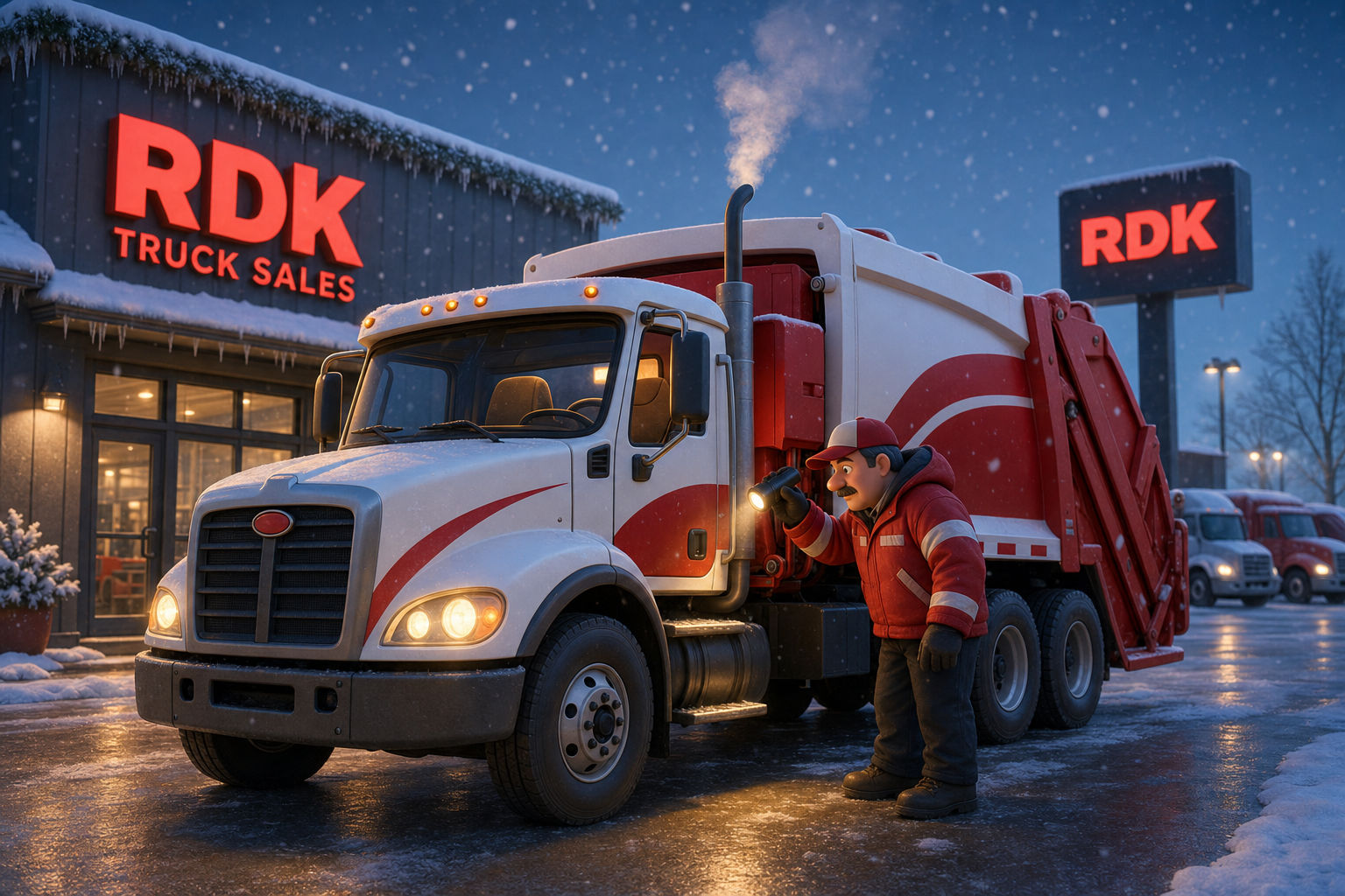 Pixar-style cartoon illustration of an RDK Truck Sales refuse truck parked outside the dealership at snowy dusk, with a technician in a red RDK jacket using a flashlight to inspect the truck while red RDK Truck Sales signage glows on the building and sign