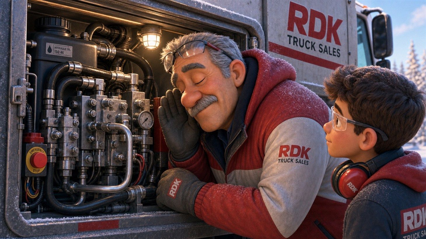 Pixar-style cartoon illustration of a veteran RDK mechanic with his eyes closed listening closely to a refuse truck hydraulic pump while a young apprentice in an RDK beanie watches and learns