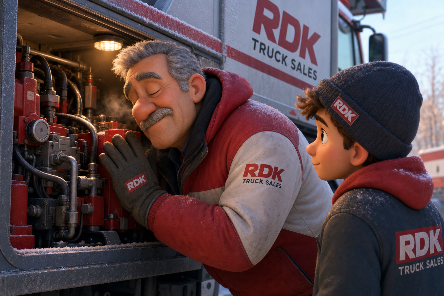 Pixar-style cartoon illustration of a veteran RDK mechanic with his eyes closed listening closely to a refuse truck hydraulic pump while a young apprentice in an RDK beanie watches and learns