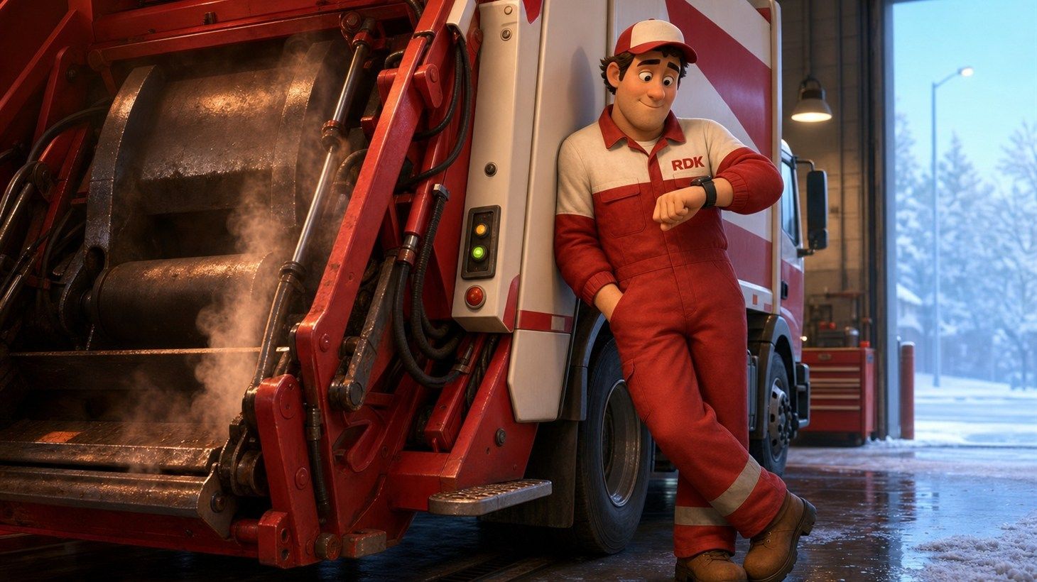 Pixar-style cartoon illustration of an RDK technician in red coveralls leaning against a refuse truck and checking his watch while the hydraulic packer idles and warms up in a frosty service bay