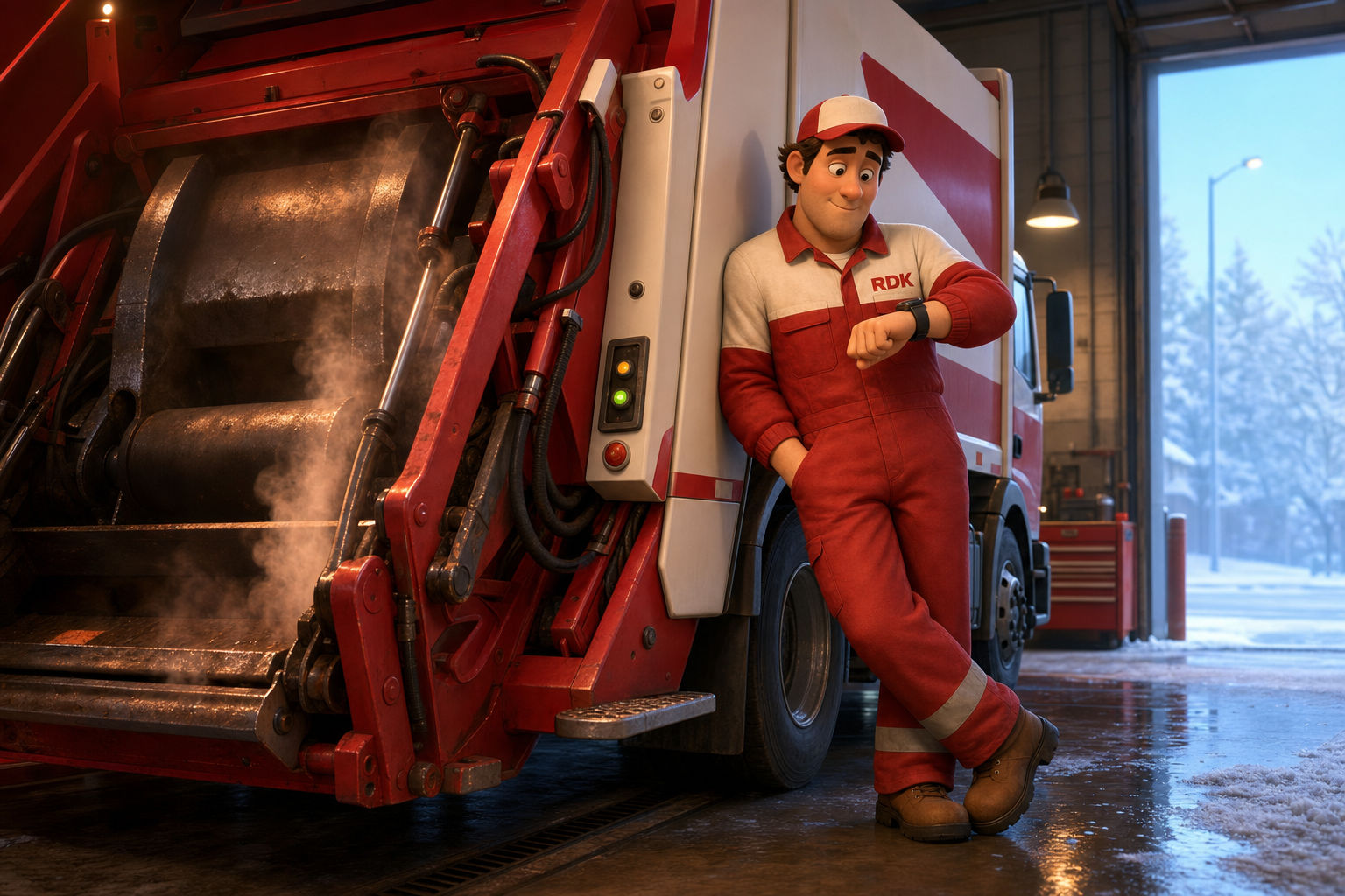 Pixar-style cartoon illustration of an RDK technician in red coveralls leaning against a refuse truck and checking his watch while the hydraulic packer idles and warms up in a frosty service bay