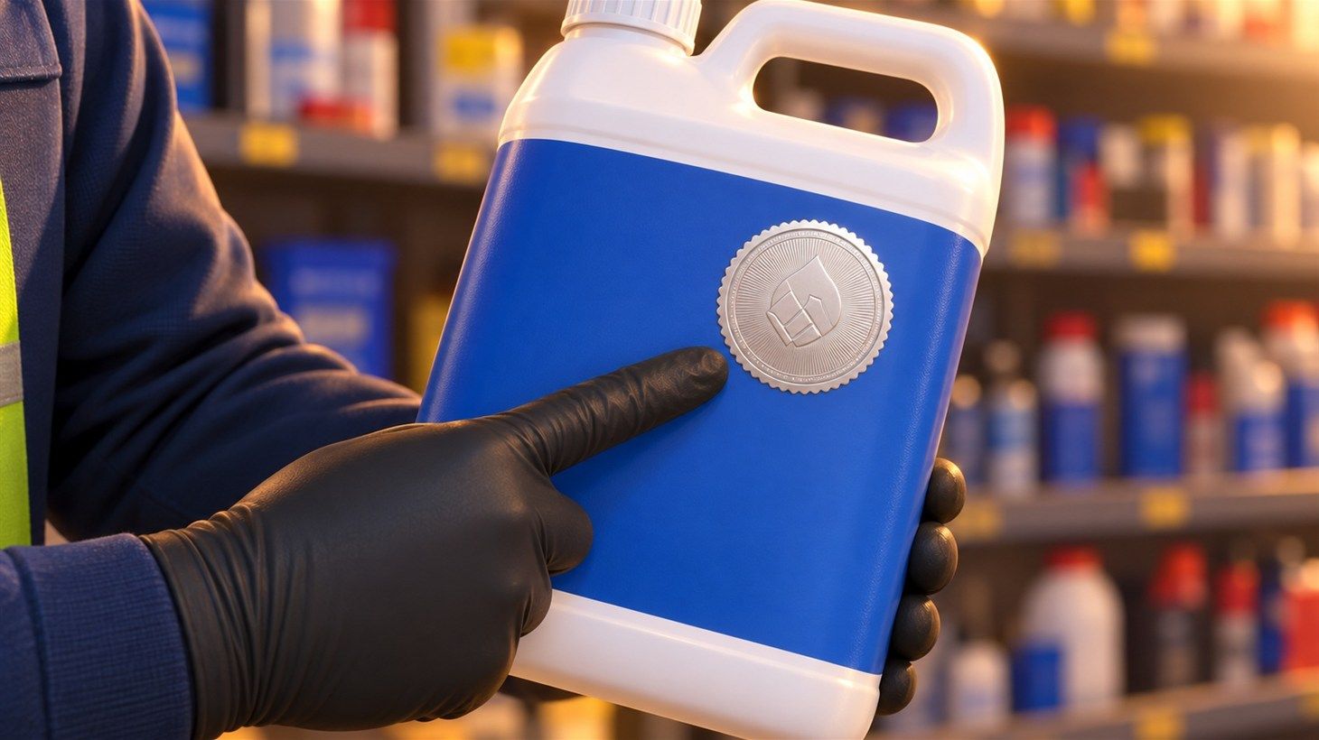 Gloved hand pointing at an embossed silver certification seal on a blue DEF jug label