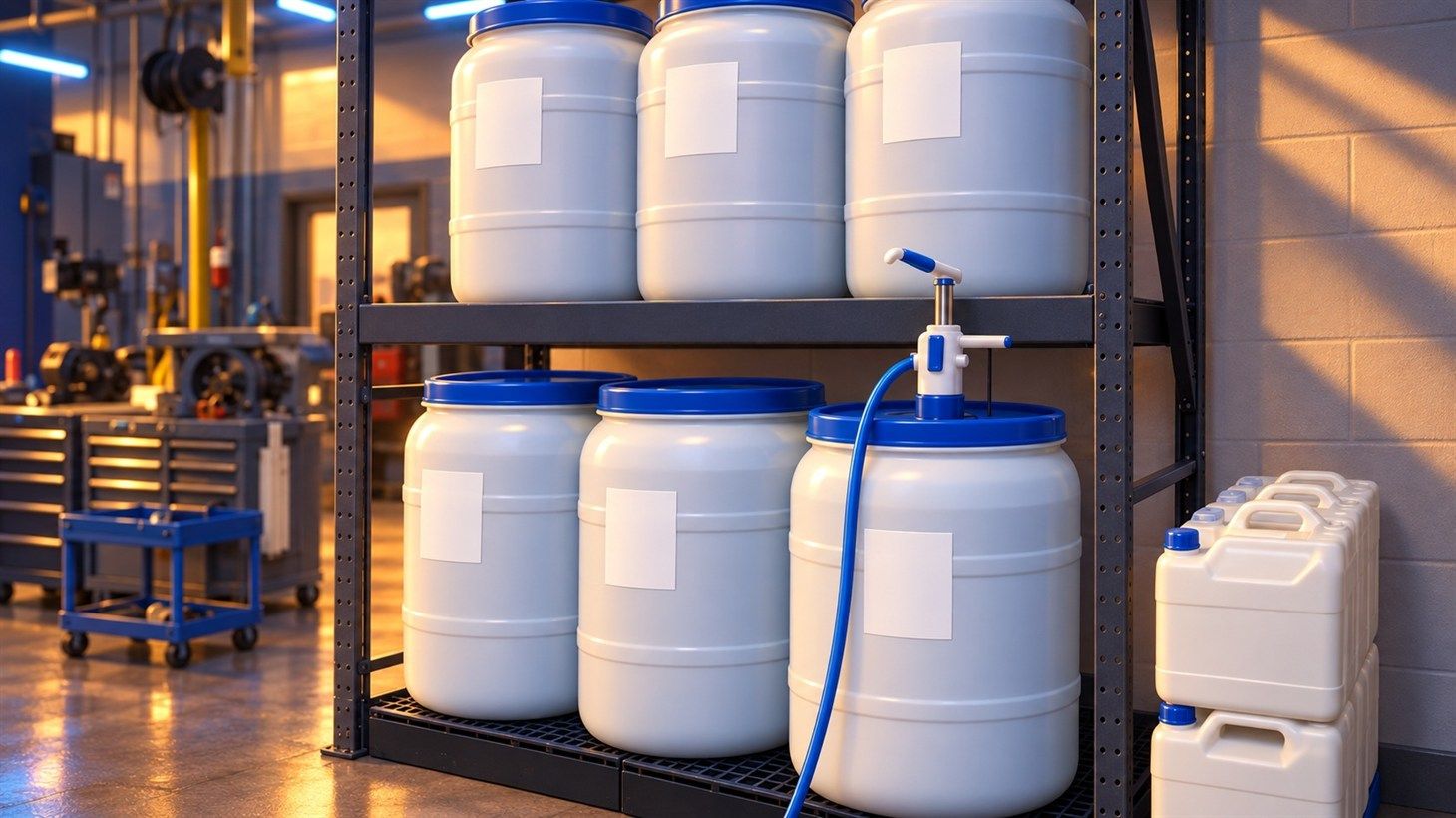 DEF drums stored indoors on a rack, sealed, blank date labels, dedicated transfer pump