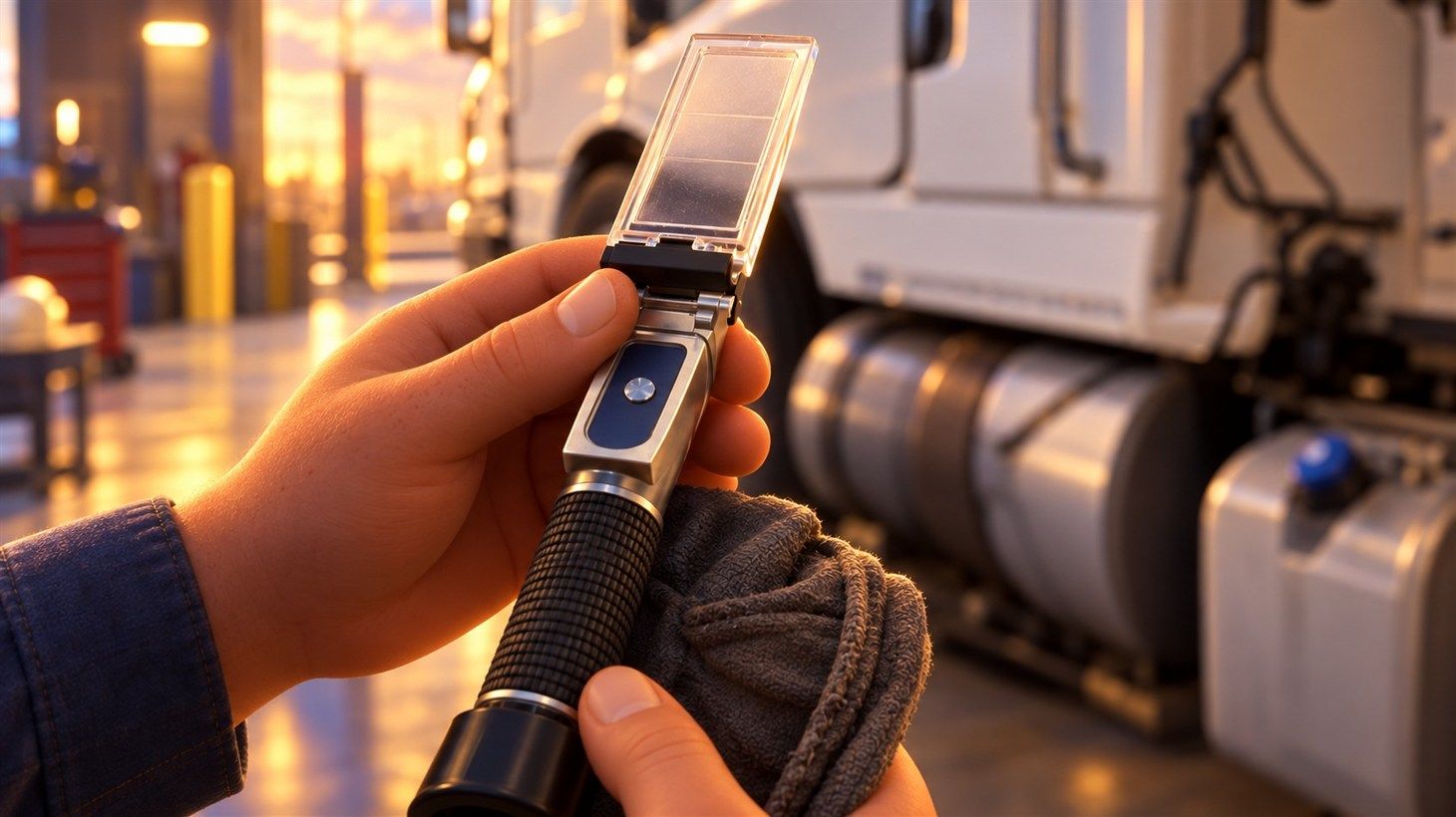 Hand holding a refractometer up to daylight, shop background