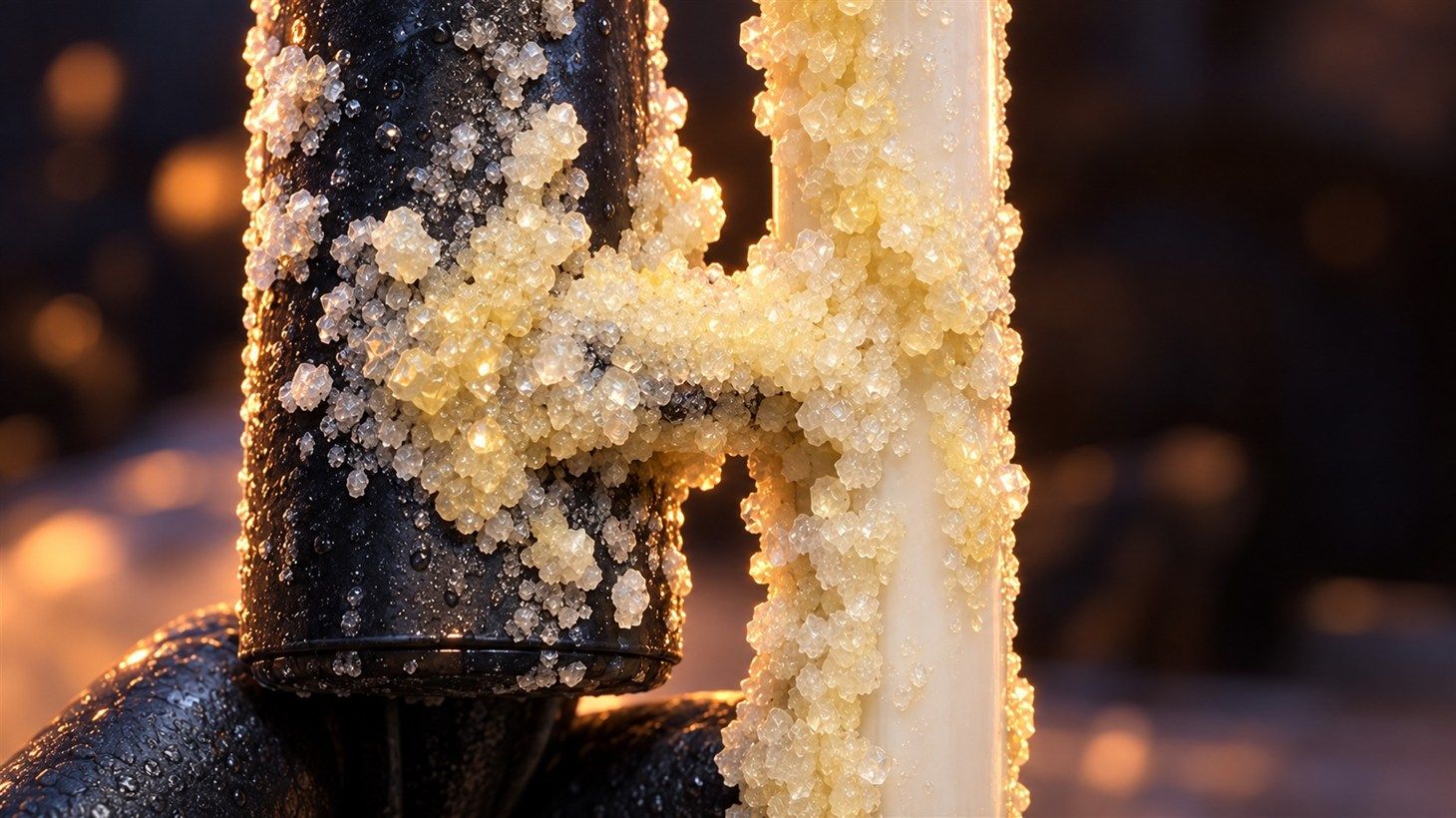 Urea crystallization caked around a level-sender float and tube, float locked in place
