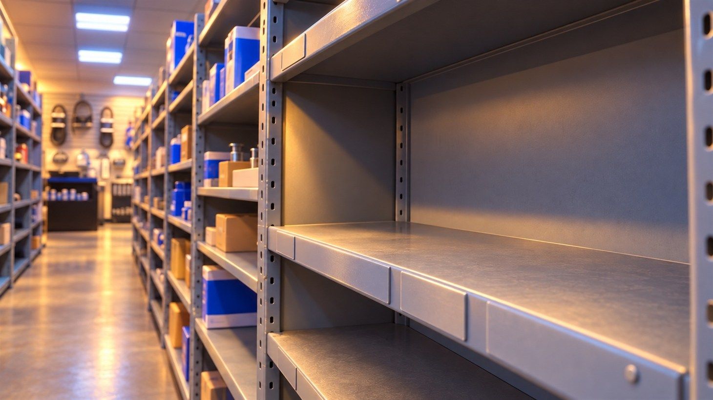 Empty bin section in a heavy-truck parts room, stock on the shelves around it