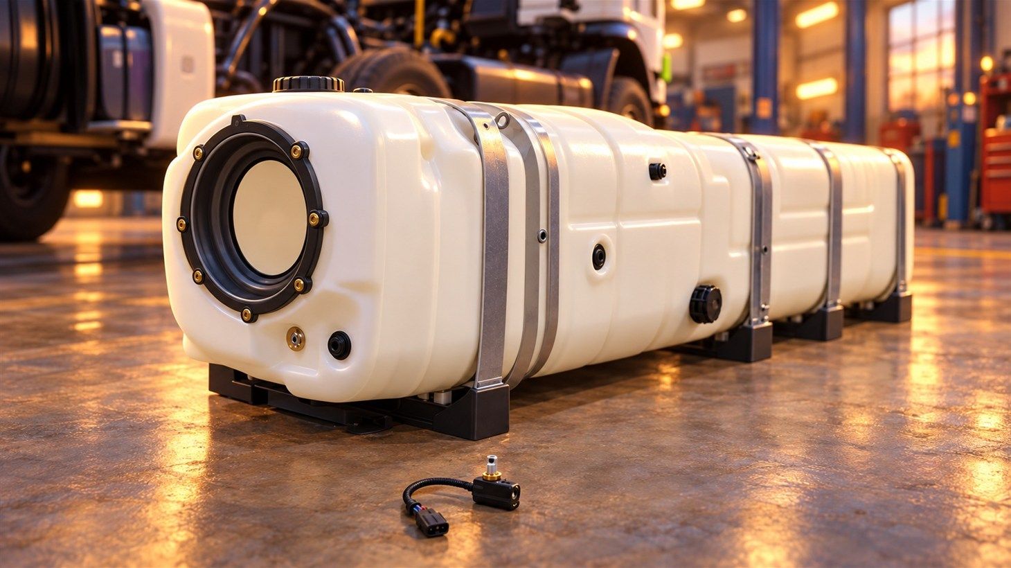 Complete DEF tank assembly on the shop floor next to the one small sensor that forced the order