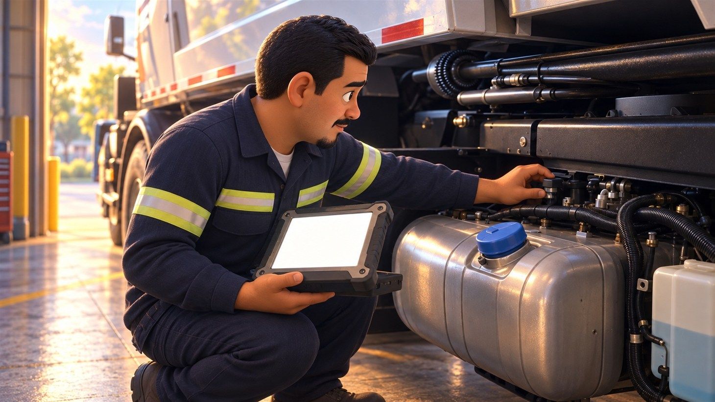 Technician at the DEF tank with a diagnostic laptop, hand on the header connector