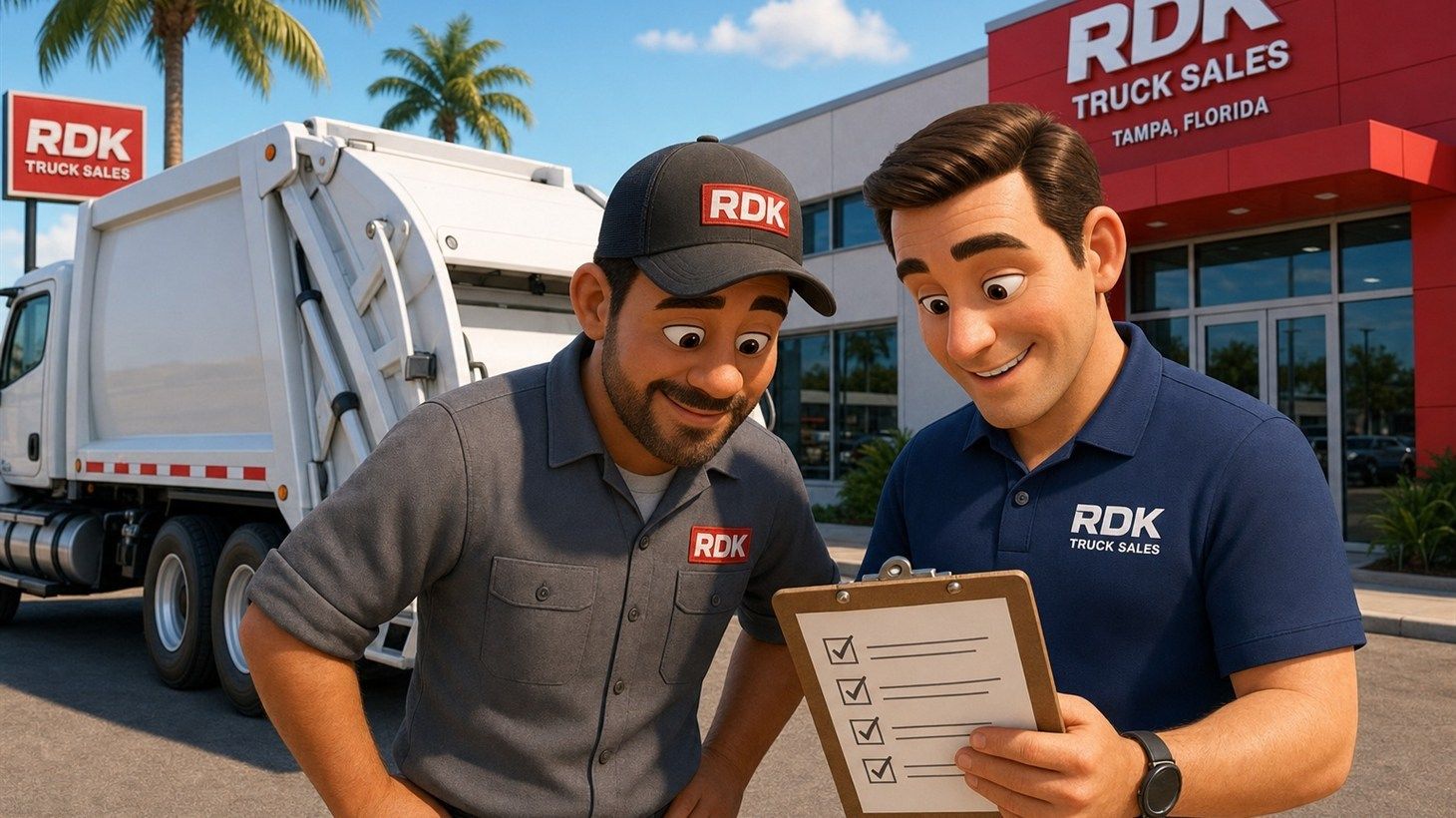 Pixar-style cartoon illustration of an RDK Truck Sales technician and fleet manager reviewing a maintenance checklist on a clipboard beside a well-maintained white refuse truck at the RDK Truck Sales dealership in Tampa, Florida at sunset