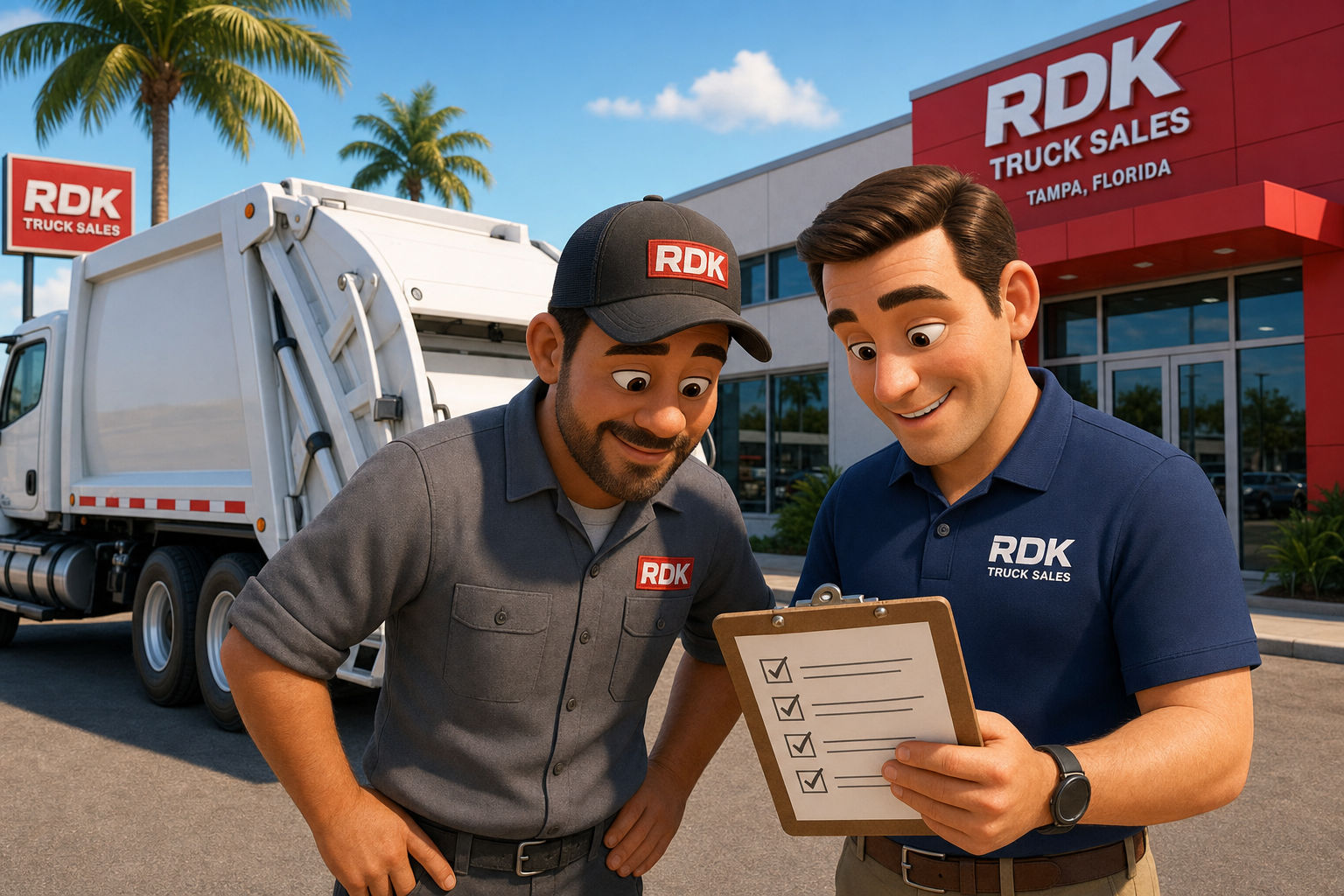 Pixar-style cartoon illustration of an RDK Truck Sales technician and fleet manager reviewing a maintenance checklist on a clipboard beside a well-maintained white refuse truck at the RDK Truck Sales dealership in Tampa, Florida at sunset