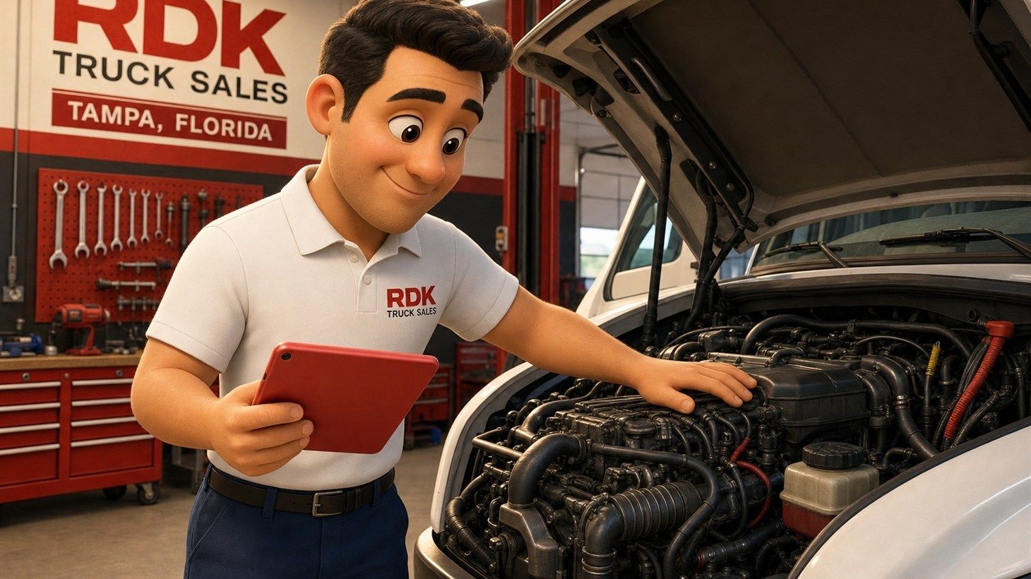 Pixar-style cartoon illustration of an RDK Truck Sales technician standing at the open hood of a white refuse truck, inspecting a realistic diesel engine with a red tablet in hand, inside the RDK Truck Sales service bay in Tampa, Florida