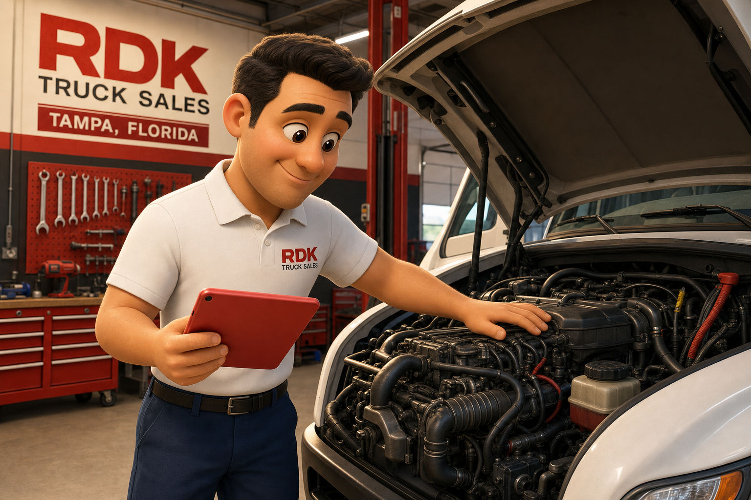 Pixar-style cartoon illustration of an RDK Truck Sales technician standing at the open hood of a white refuse truck, inspecting a realistic diesel engine with a red tablet in hand, inside the RDK Truck Sales service bay in Tampa, Florida