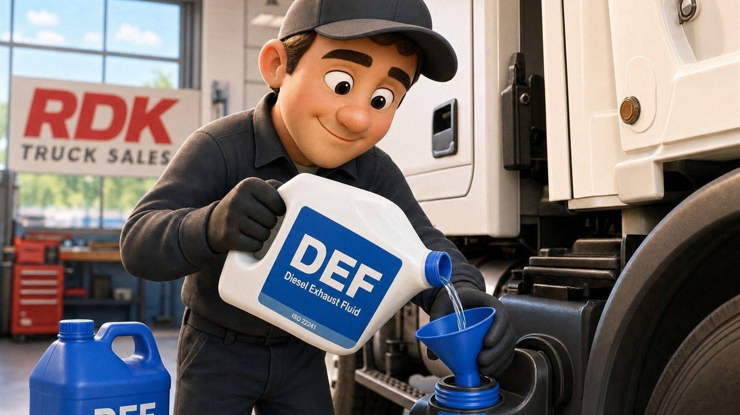 Pixar-style cartoon illustration of an RDK Truck Sales technician carefully pouring diesel exhaust fluid through a dedicated blue funnel into the DEF tank of a white refuse truck, with a plain unlabeled DEF jug nearby