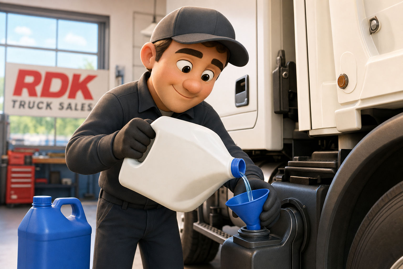 Pixar-style cartoon illustration of an RDK Truck Sales technician carefully pouring diesel exhaust fluid through a dedicated blue funnel into the DEF tank of a white refuse truck, with a plain unlabeled DEF jug nearby