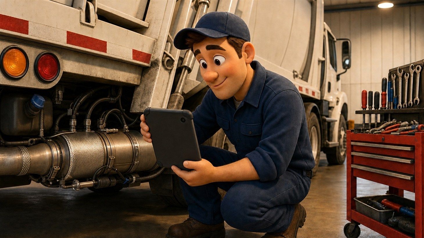 Pixar-style cartoon illustration of an RDK Truck Sales technician crouched near the rear exhaust and aftertreatment system of a white refuse truck, holding a tablet displaying a back-pressure gauge and graph