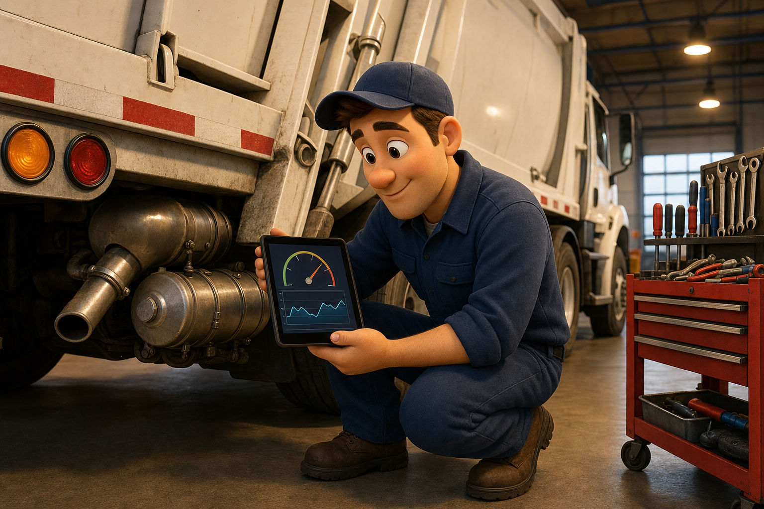 Pixar-style cartoon illustration of an RDK Truck Sales technician crouched near the rear exhaust and aftertreatment system of a white refuse truck, holding a tablet displaying a back-pressure gauge and graph