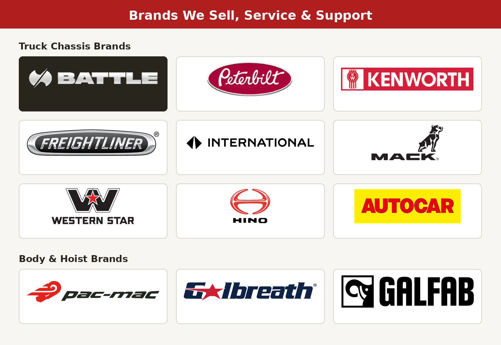 Logo strip of truck chassis and body brands RDK Truck Sales represents in Tampa, FL