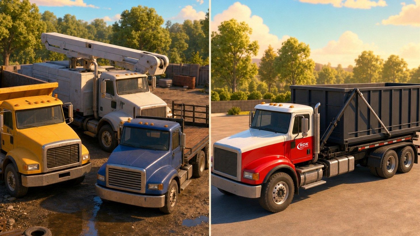 Comparison of an RDK Truck Sales roll-off truck next to a generic multi-application dealer truck