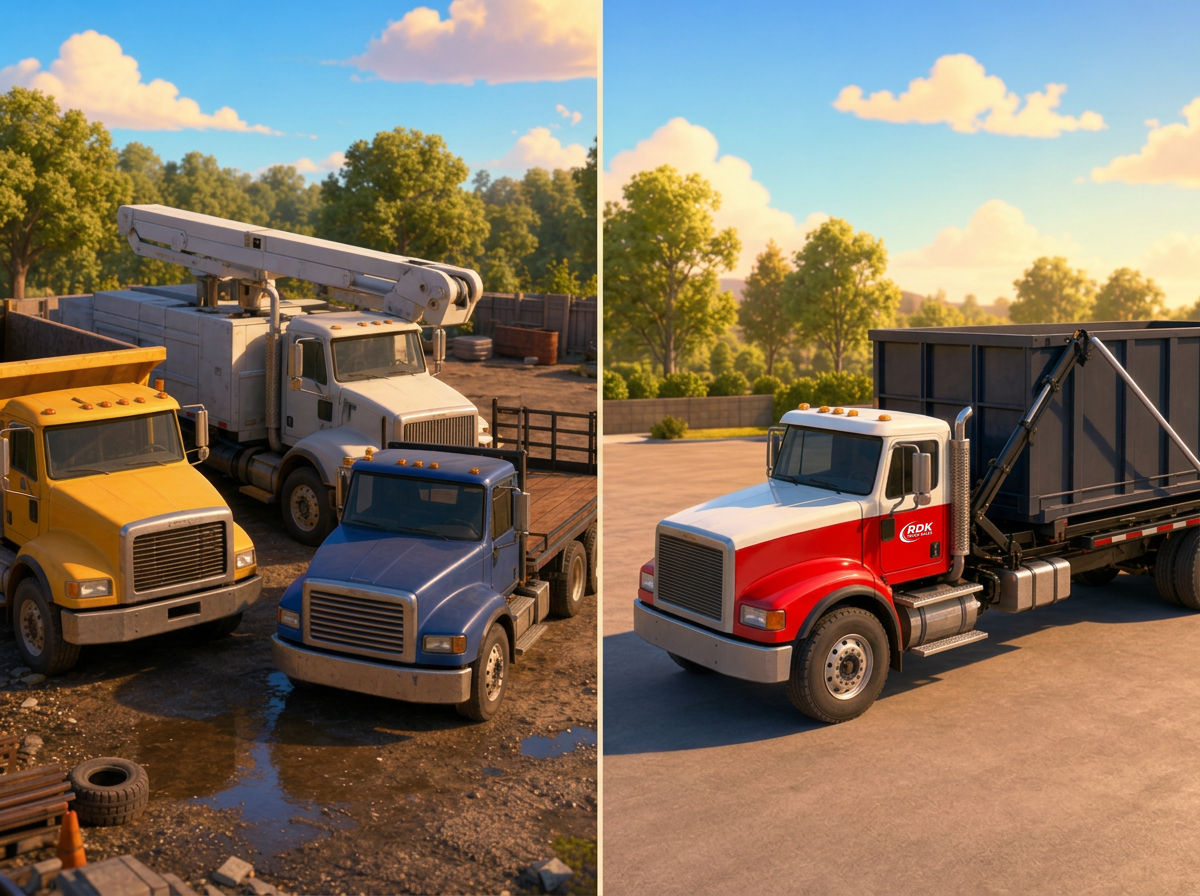 Comparison of an RDK Truck Sales roll-off truck next to a generic multi-application dealer truck