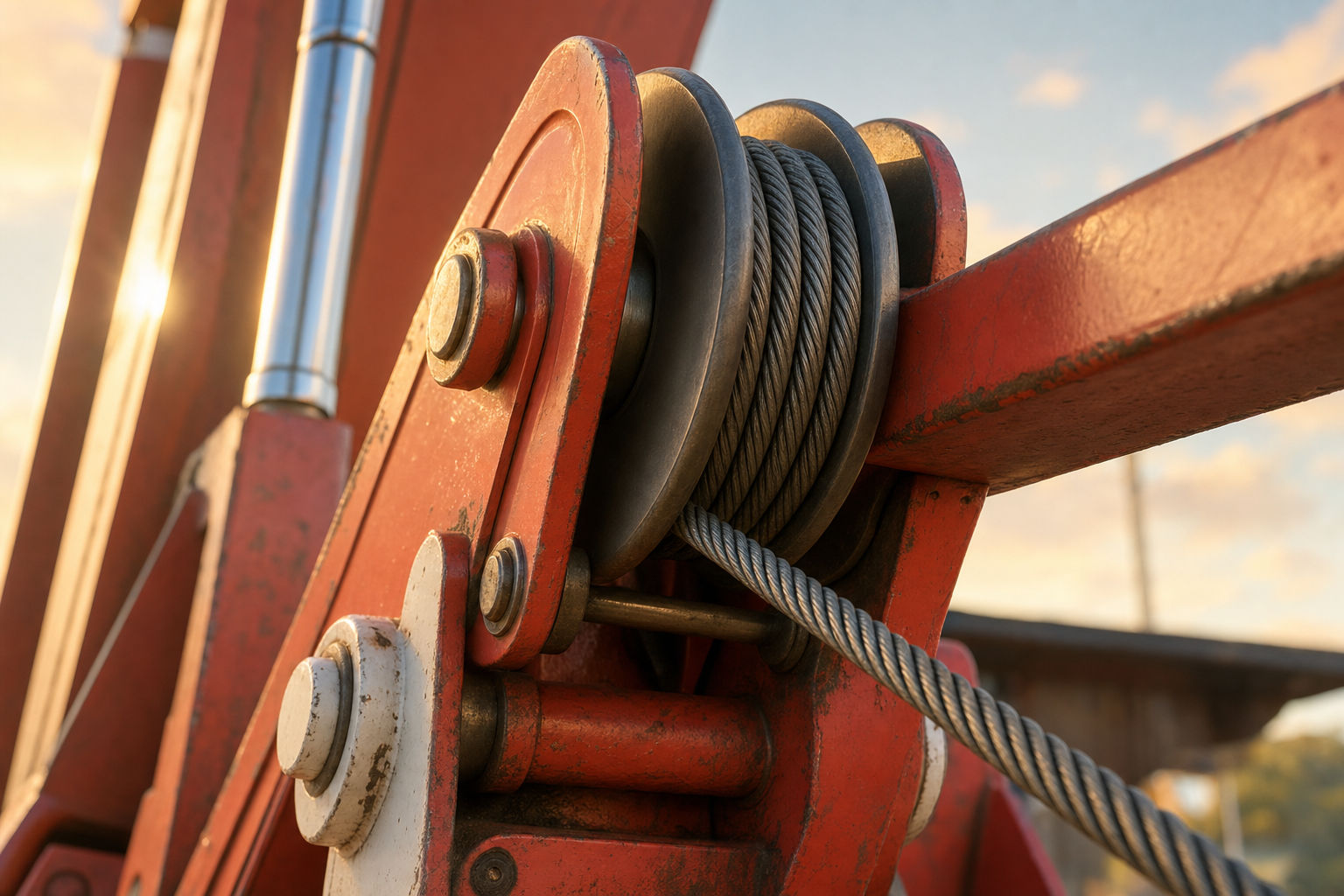 Close-up of a roll-off truck hoist cable and sheave mechanism
