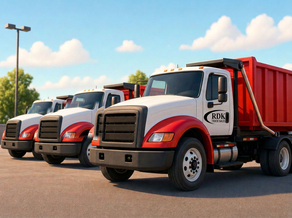 RDK Truck Sales rental fleet of roll-off trucks lined up on the Tampa dealership lot