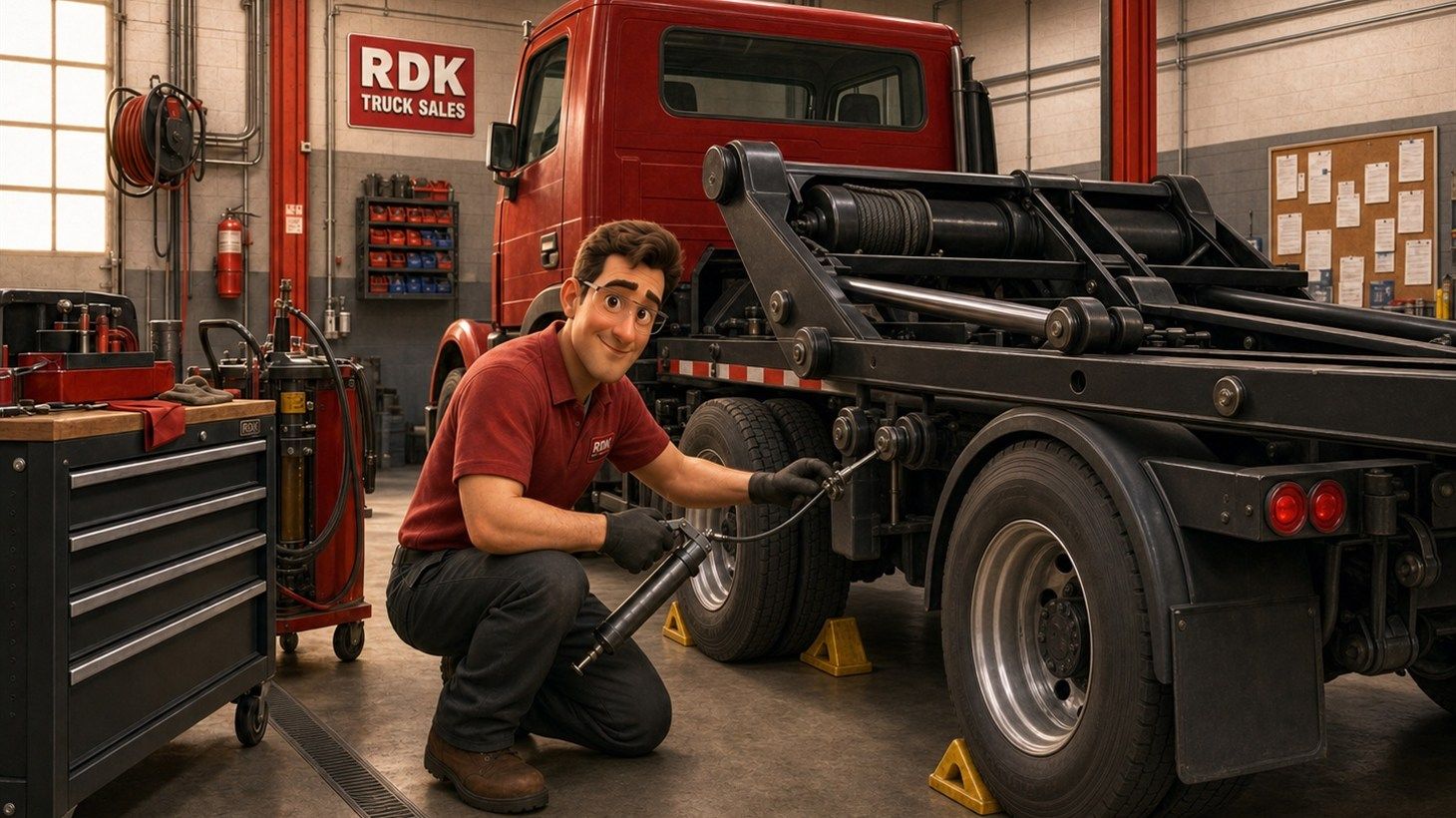 RDK Truck Sales technician servicing a roll-off truck hoist in the service bay