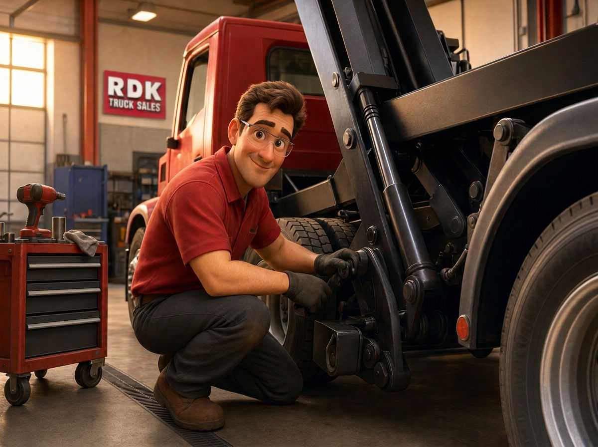 RDK Truck Sales technician servicing a roll-off truck hoist in the service bay