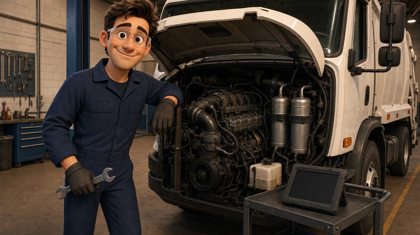 Pixar-style cartoon illustration of a diesel truck technician standing beside the open engine bay of a refuse truck, with a realistic heavy-duty diesel engine, dual aftertreatment canisters, and a diagnostic tablet on a tool cart