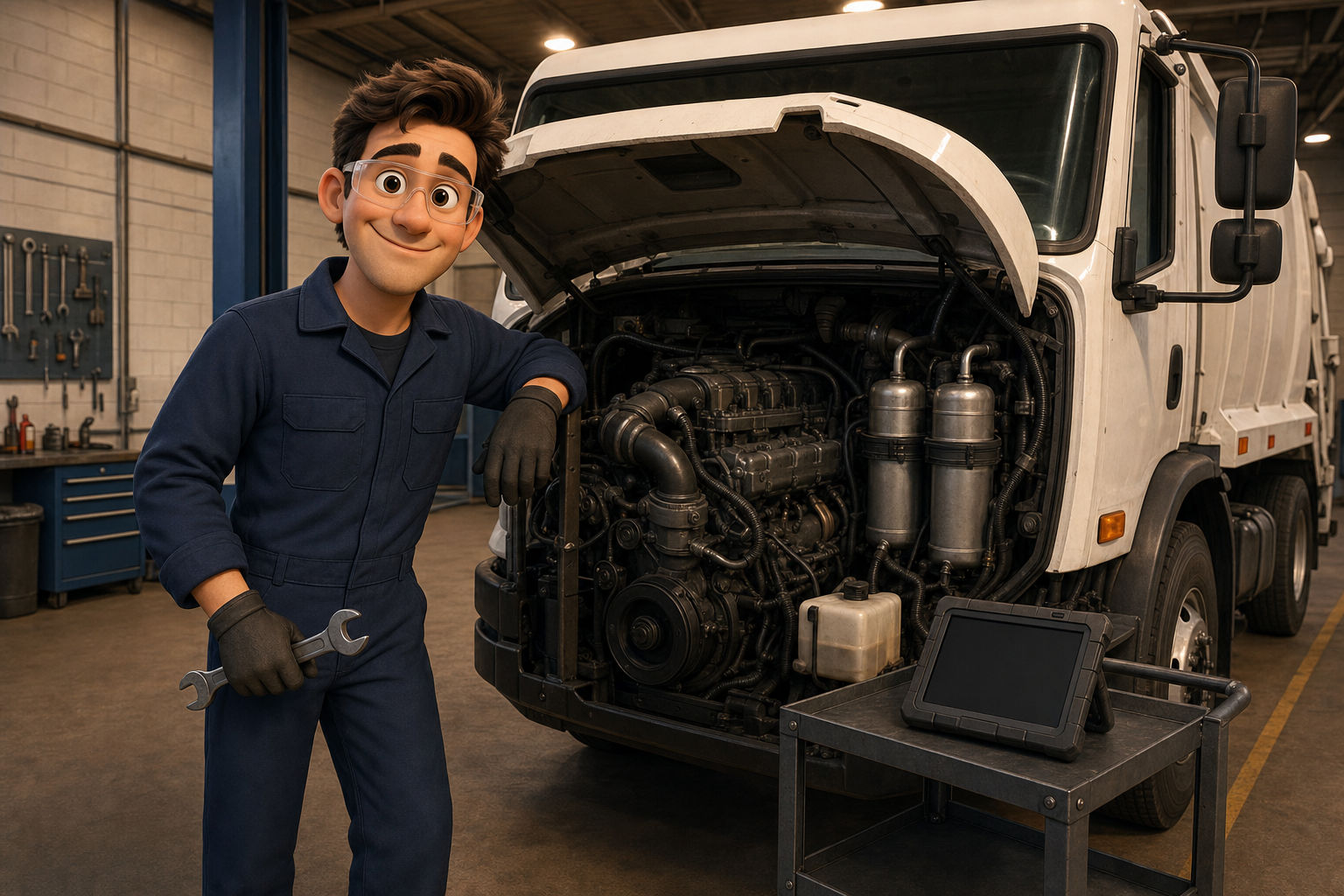 Pixar-style cartoon illustration of a diesel truck technician standing beside the open engine bay of a refuse truck, with a realistic heavy-duty diesel engine, dual aftertreatment canisters, and a diagnostic tablet on a tool cart