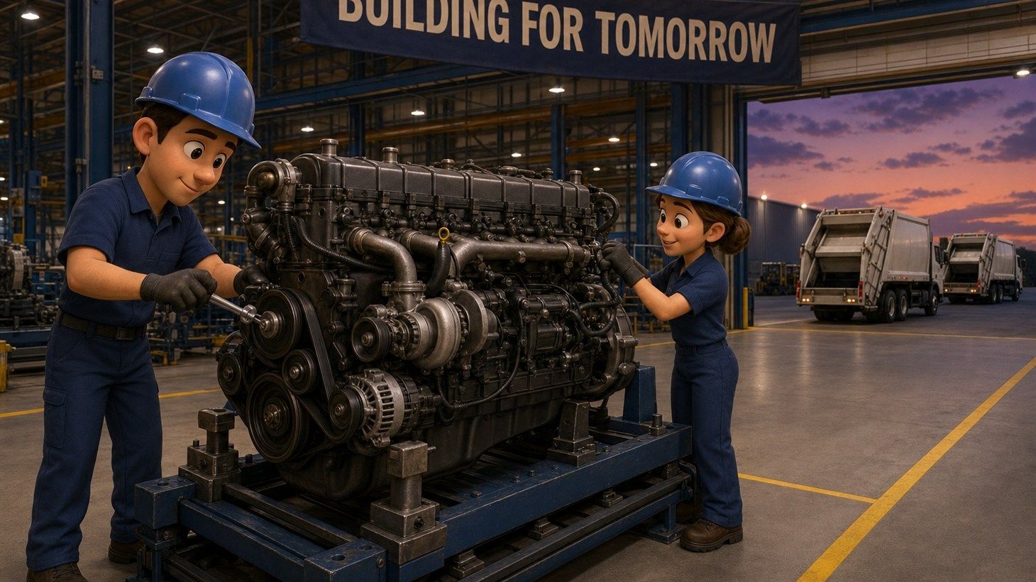 Pixar-style cartoon illustration of two factory workers assembling a realistic heavy-duty diesel engine for a refuse truck on a manufacturing floor, beneath a banner reading Building for Tomorrow, with finished refuse trucks visible near a loading dock at dusk