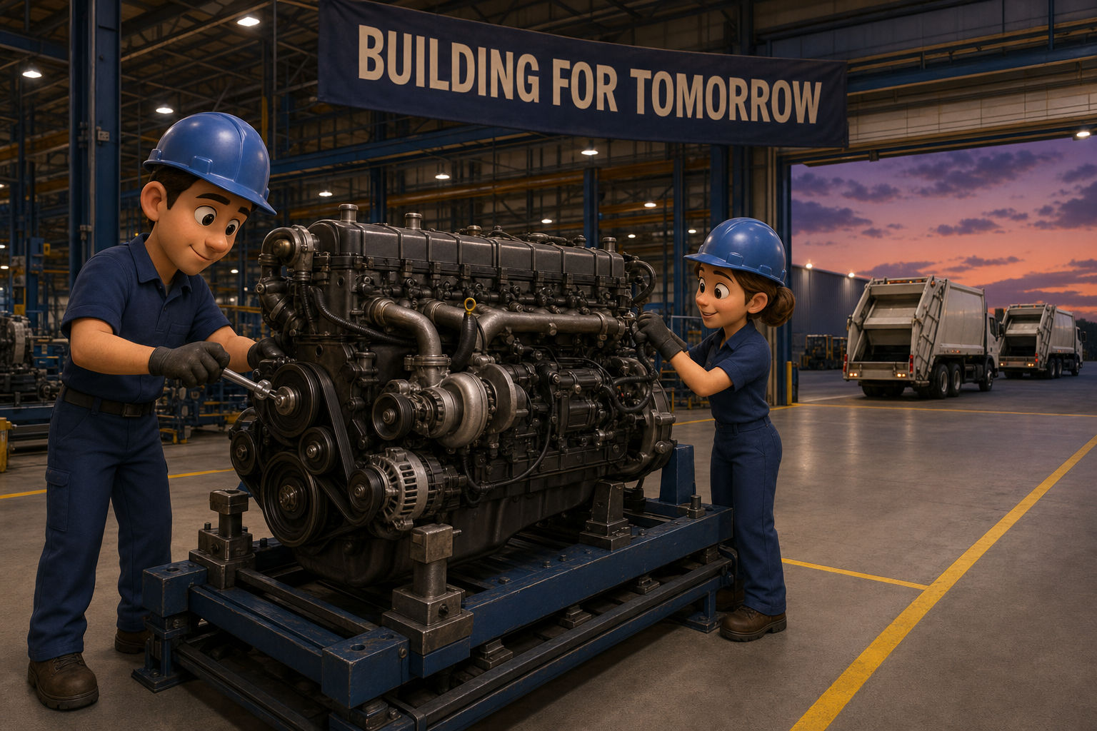 Pixar-style cartoon illustration of two factory workers assembling a realistic heavy-duty diesel engine for a refuse truck on a manufacturing floor, beneath a banner reading Building for Tomorrow, with finished refuse trucks visible near a loading dock at dusk