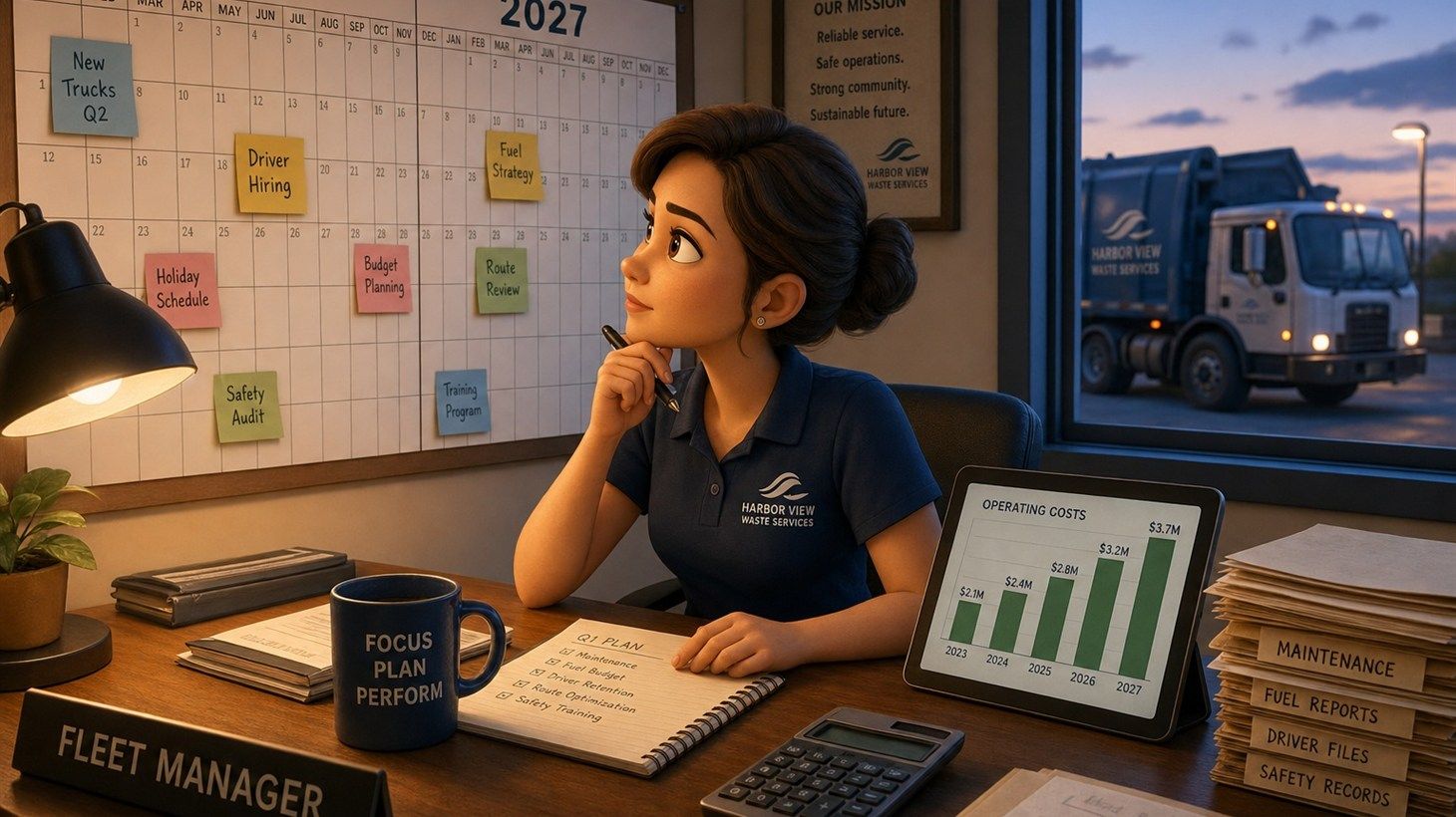 Pixar-style cartoon illustration of a fleet manager at her desk reviewing a 2026-2027 planning calendar and a rising operating cost chart, with a refuse truck visible through the office window at dusk