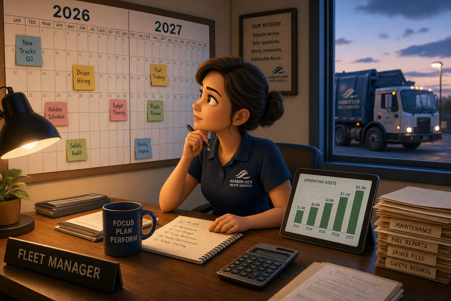 Pixar-style cartoon illustration of a fleet manager at her desk reviewing a 2026-2027 planning calendar and a rising operating cost chart, with a refuse truck visible through the office window at dusk