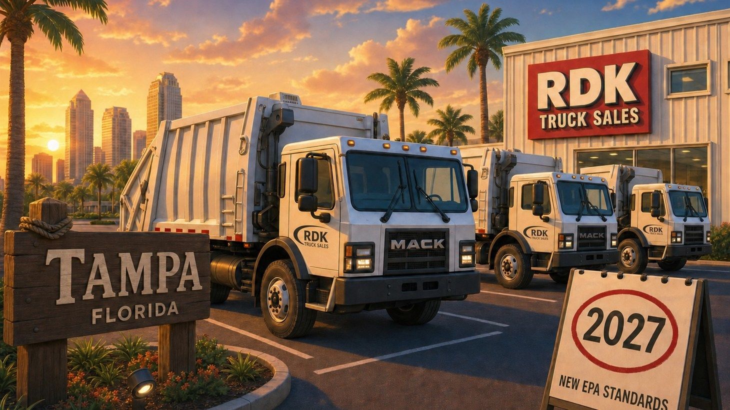 Row of white RDK Truck Sales refuse trucks parked at the Tampa, Florida dealership at dusk next to a sign reading 2027 New EPA Standards, with the city skyline and palm trees in the background