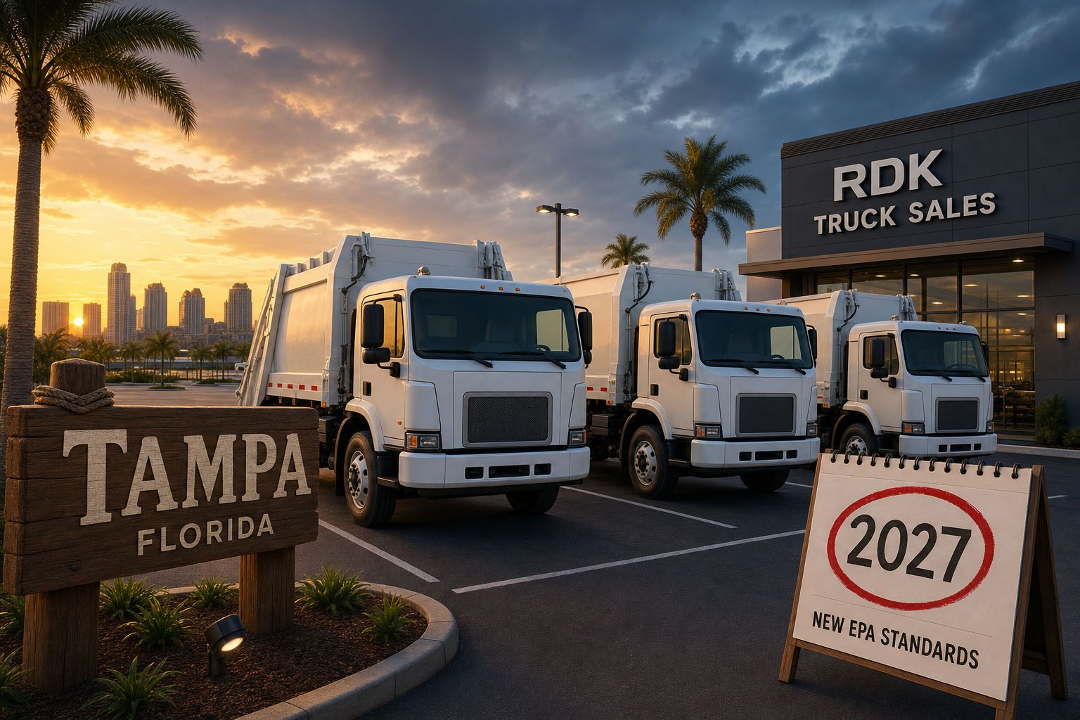 Row of white RDK Truck Sales refuse trucks parked at the Tampa, Florida dealership at dusk next to a sign reading '2027 New EPA Standards,' with the city skyline and palm trees in the background