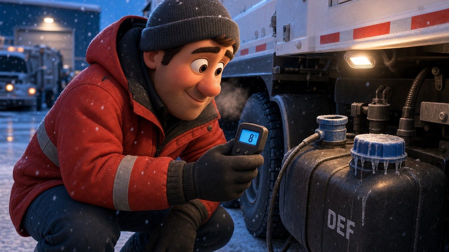 Pixar-style cartoon illustration of an RDK Truck Sales technician in a red winter jacket checking a digital thermometer reading 8 degrees Fahrenheit beside a frost-covered diesel exhaust fluid tank on a white refuse truck