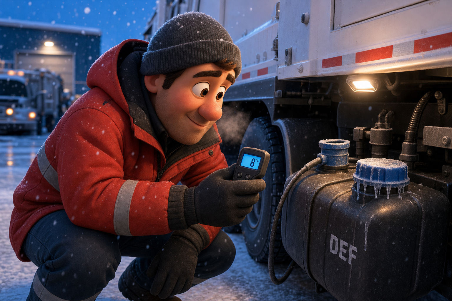 Pixar-style cartoon illustration of an RDK Truck Sales technician in a red winter jacket checking a digital thermometer reading 8 degrees Fahrenheit beside a frost-covered diesel exhaust fluid tank on a white refuse truck