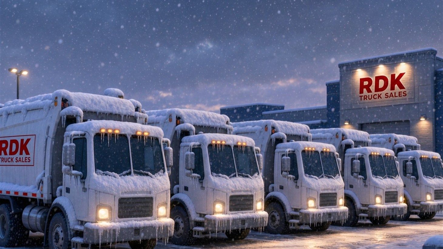 Pixar-style cartoon illustration of a row of white RDK Truck Sales refuse trucks covered in snow and icicles, parked in the dealership yard during a snowstorm with red RDK Truck Sales signage glowing in the background