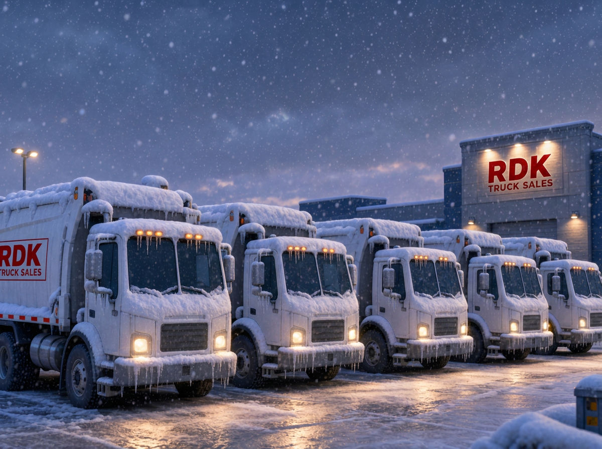 Pixar-style cartoon illustration of a row of white RDK Truck Sales refuse trucks covered in snow and icicles, parked in the dealership yard during a snowstorm with red RDK Truck Sales signage glowing in the background
