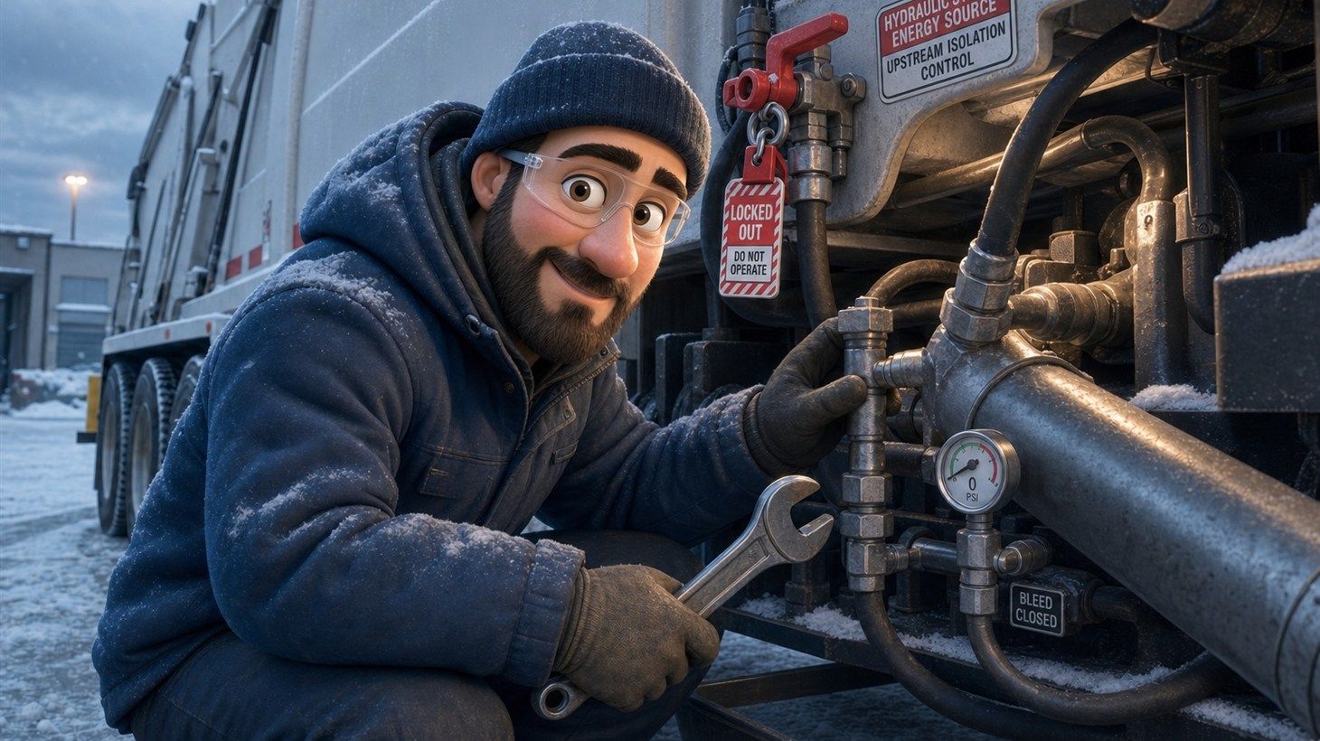 Pixar-style cartoon illustration of an RDK Truck Sales technician inspecting a hydraulic hose and fitting near the packer body of a white refuse truck in a snowy service yard, holding a wrench