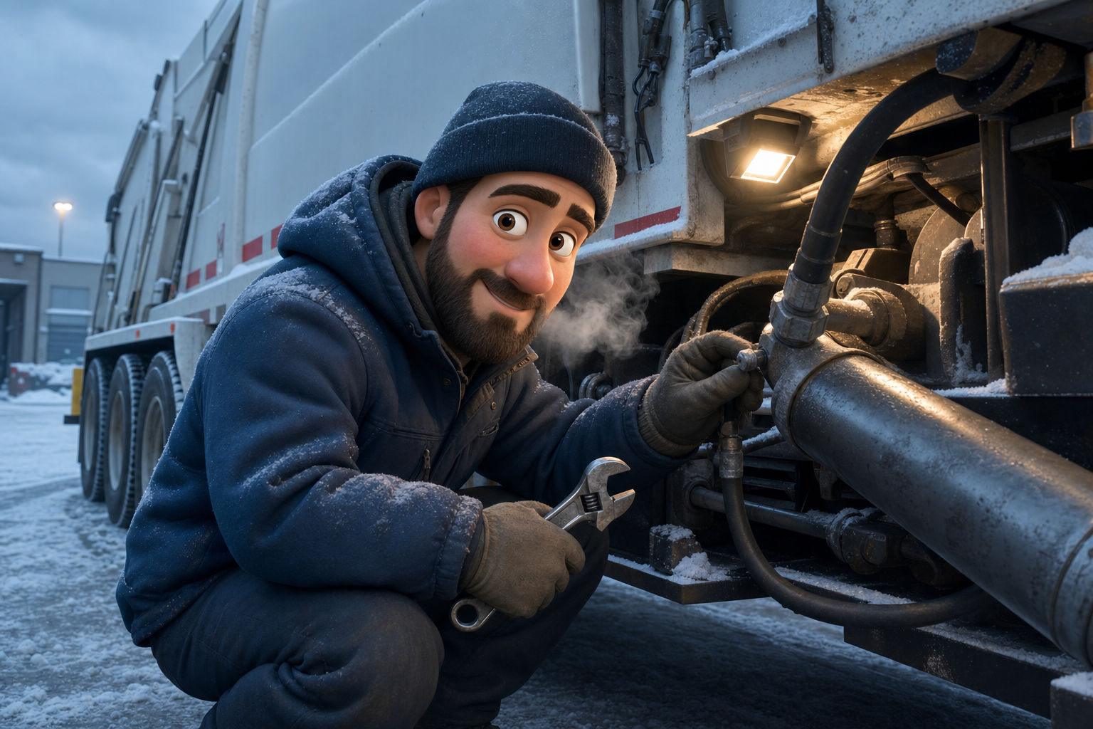 Pixar-style cartoon illustration of an RDK Truck Sales technician inspecting a hydraulic hose and fitting near the packer body of a white refuse truck in a snowy service yard, holding a wrench